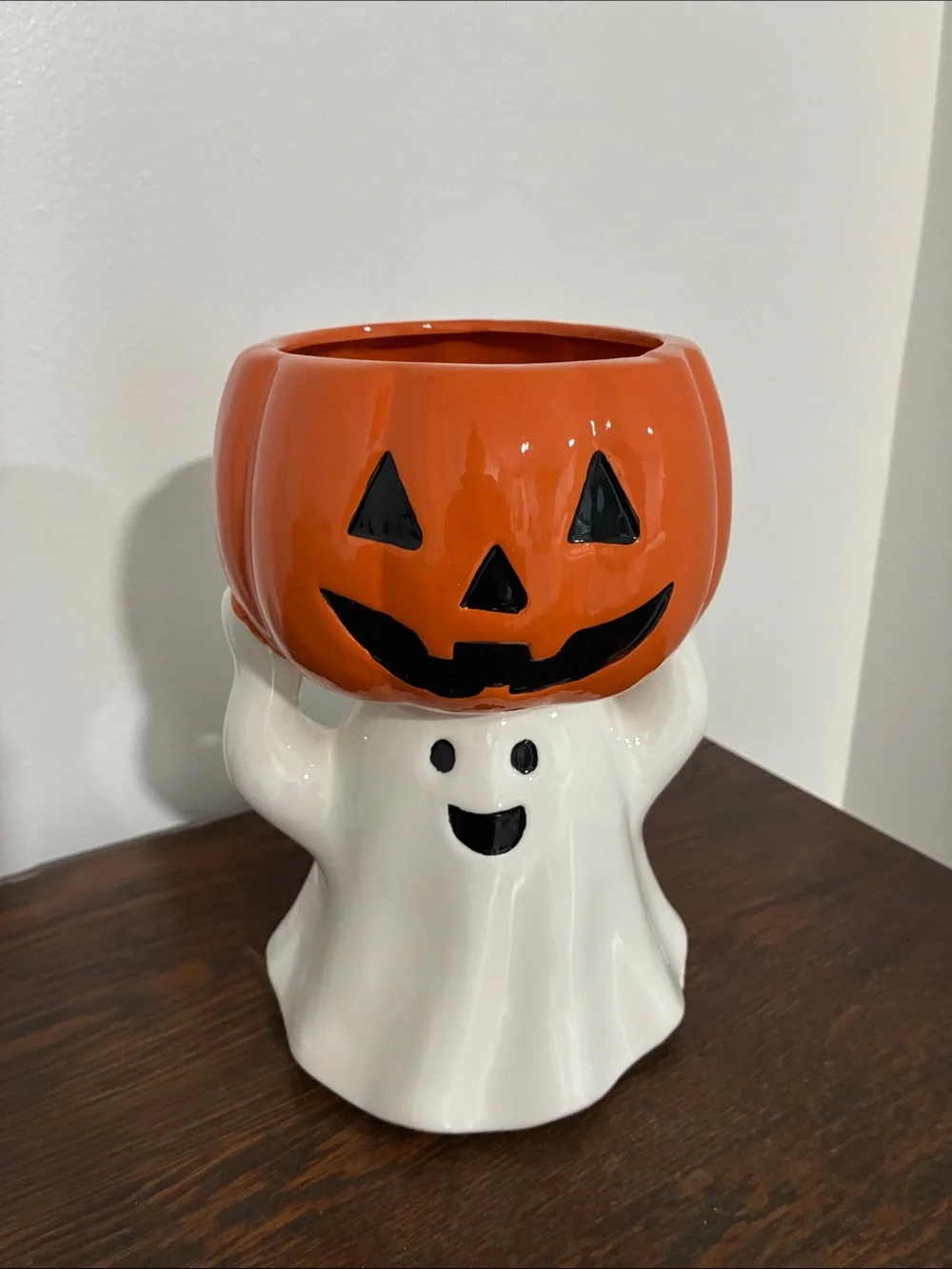 NWT- Hand Painted Ceramic Halloween Ghost & Jack-o-lantern Pumpkin Candy Bowl